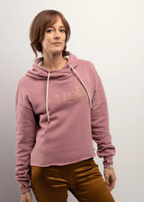 Crop hoodie ample pour femme, marque vêtements éco-responsables fait au Québec: Logo Kunda pour l'éveil de la kundalini