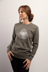 Crewneck pour femme coton bio fait au Canada, symbole de géométrie sacré, vêtement éco responsable de détente