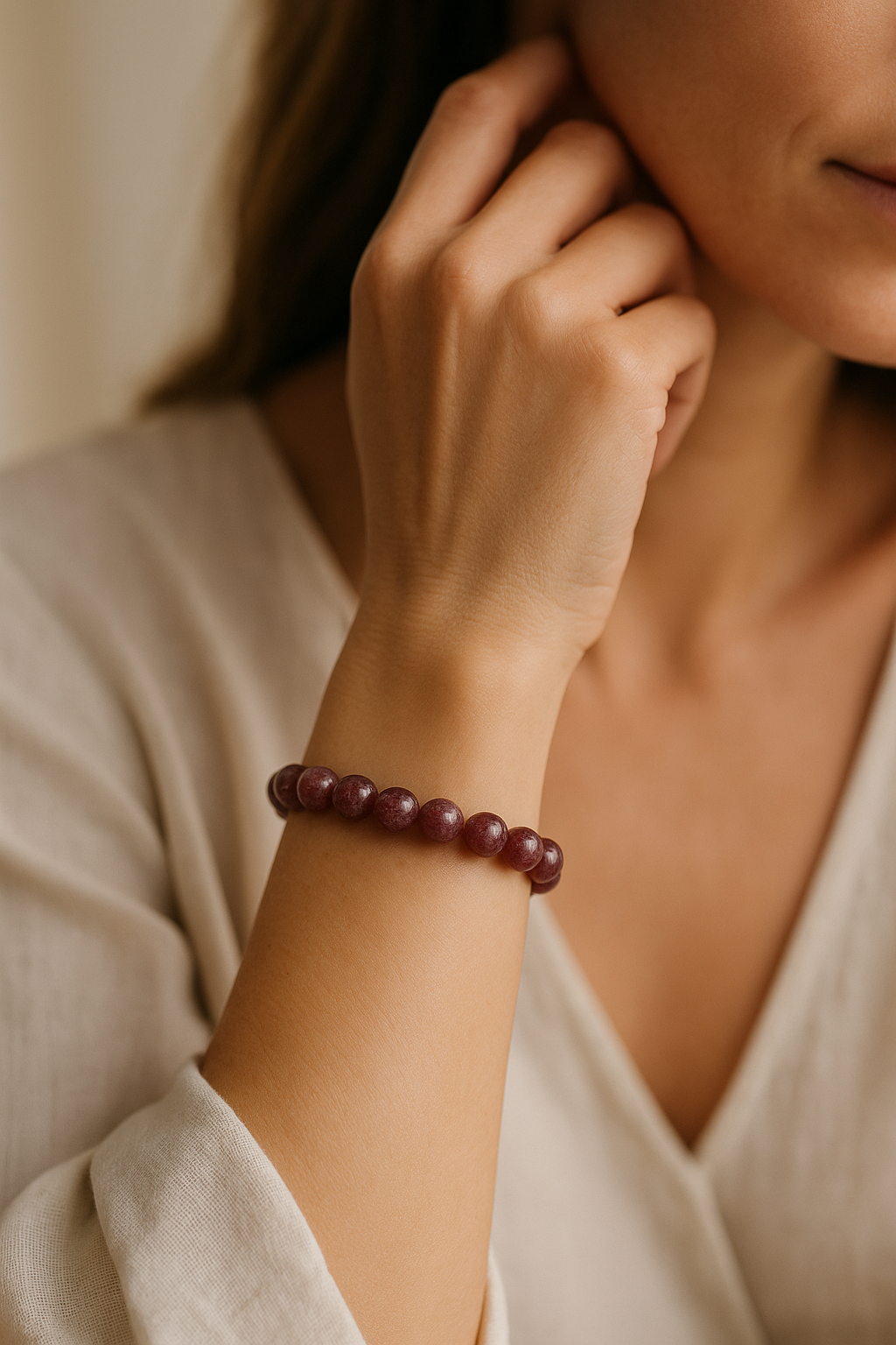 Bracelet prune pour femme en pierres Lépidolite 10mm