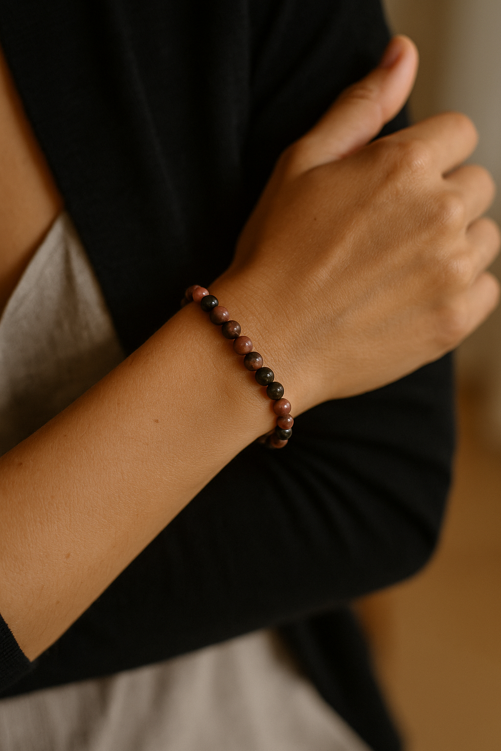 Bracelet pour femme en pierres Rhodonite 6mm, rose et noir