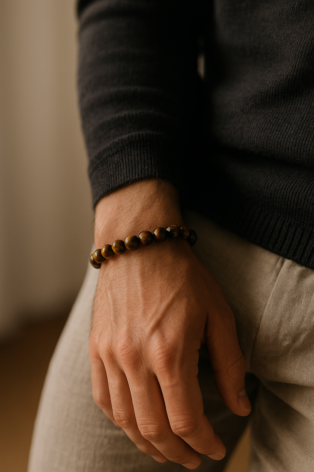 Bracelet pour homme en pierres oeil de tigre 8mm, brun et noir