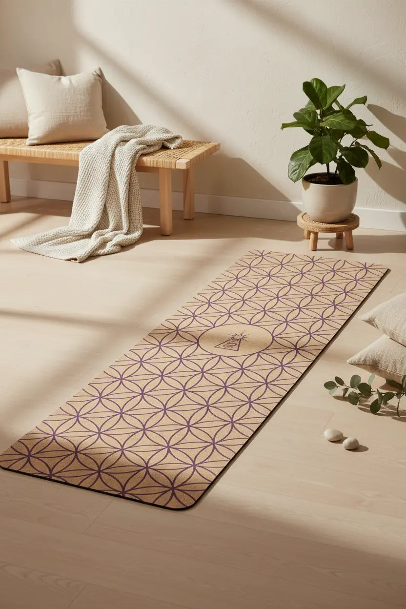 TAPIS DE YOGA en liège Maison Kunda avec motif fleur de vie et éveil kundalini