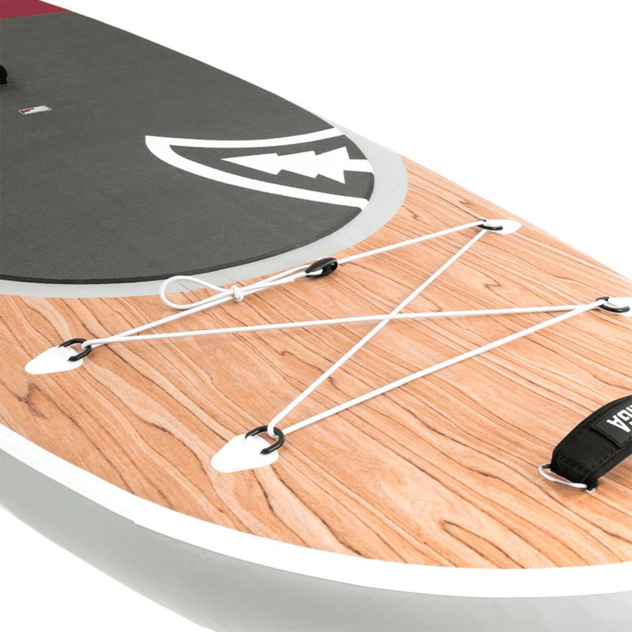 Planche SUP Awen 10'0'' Taiga Board gonflée, détail du bois et élastique avant