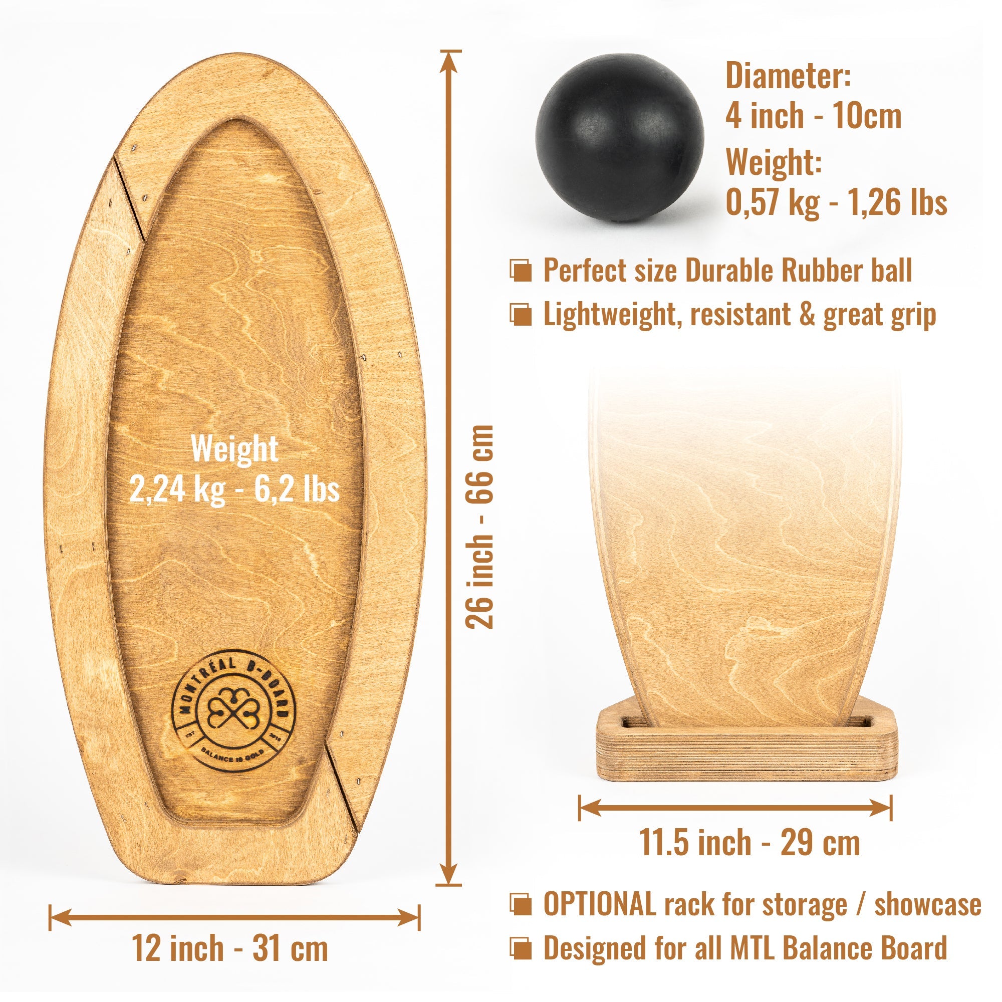 Guide visuel des détails de la planche d'équilibre Surf de MTL Balance Board, avec poids et dimensions