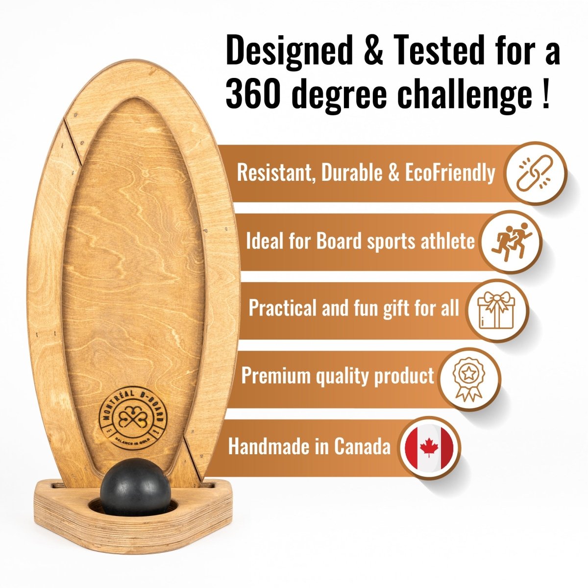 Avantages de la planche d'équilibre SURF Model 360 MTL Balance Board, durable, écoresponsable, cadeau idéal, qualité premium, Fait au Canada
