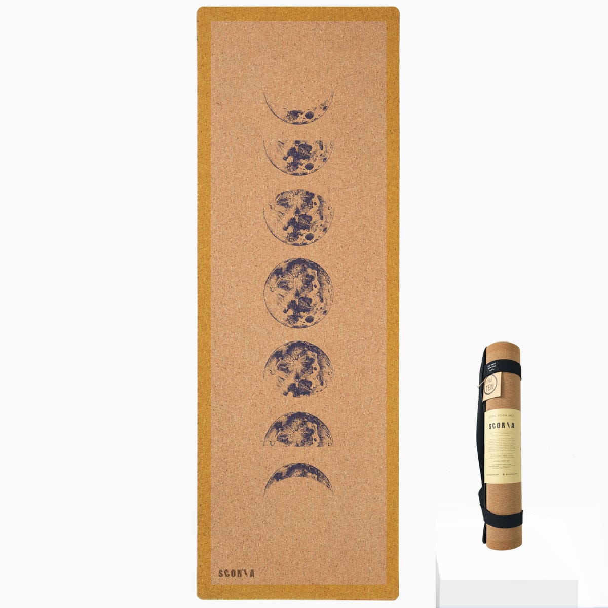 Tapis de yoga en liège Phases de lune Scoria Canada, vue principale, cycle lunaire imprimé, liège naturel sans PVC
