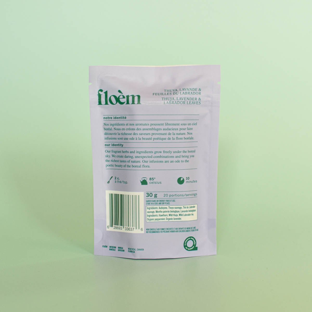 Tisane en vrac Floem: Thuya, lavande et feuilles du Labrador, détails sachet